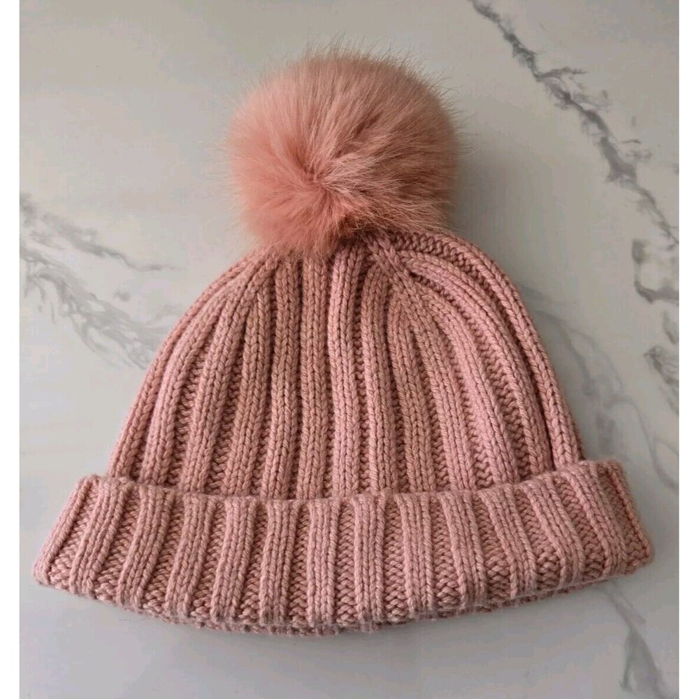 J.CREW Blush Ribbed Beanie with Faux-Fur Pom-Pom sz OS Pink Winter Hat